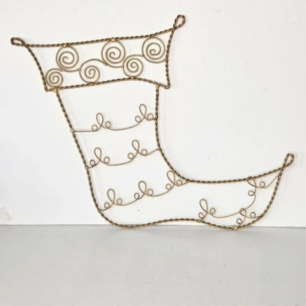 Pier 1 Gold Scrolled Metal Wire Christmas Stocking Shaped Card Holder Wall Decor